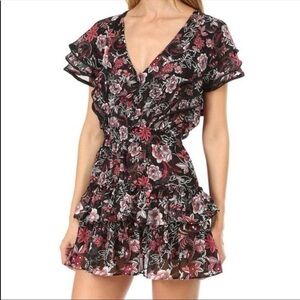 MISA Los Angeles Gallie Dress Size S Black and Pink Floral Ruffle Tiered Mini